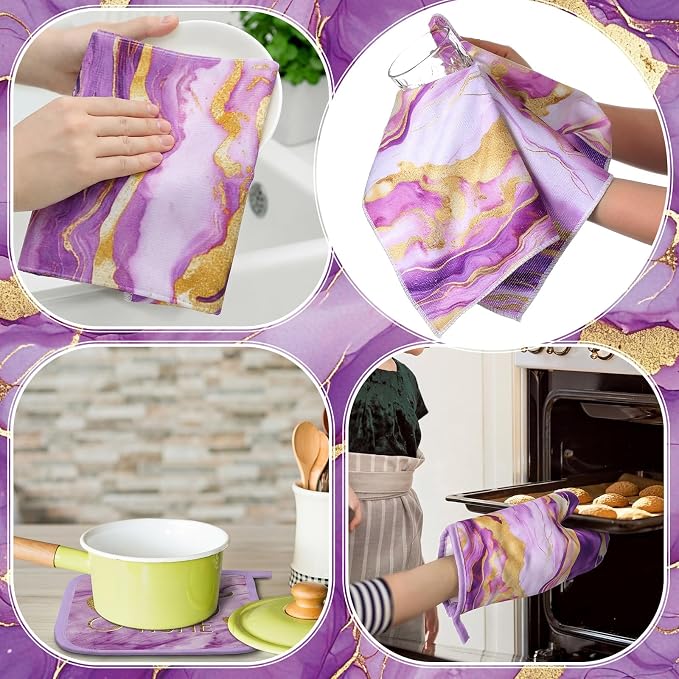Leinuosen 8 Pcs Purple and Gold Marble Kitchen Towels and Dishcloths Sets Oven Mitts and Pot Holders Absorbent Kitchen Gloves Potholders Heat Resistant for Chef Baking Cooking