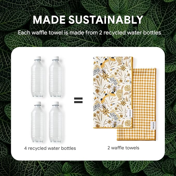 RECYCO Waffle Kitchen Towel Set of 2 - Quick Dry Microfiber Sustainable Dish Towels - Ultra Absorbent Reusable Cleaning Tea Towels - Lightweight Hand Towels,16”x 28”, Joyful Bees