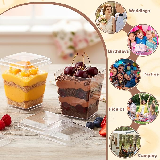 100 Pcs 5 oz Plastic Dessert Cups with Lids and Spoons, Clear Square Mini Dessert Cups for Pudding, Fruit, and Ice Cream, Yogurt Appetizer Cups for Party