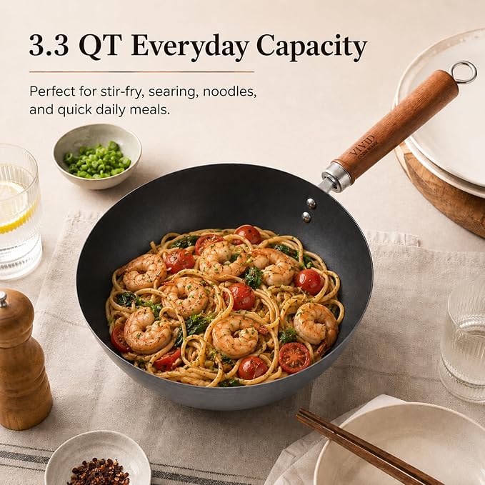 10.2-Inch Nitrided Carbon Steel Wok with Lid, Flat Bottom | 3.7-Qt wok with tempered glass lid for 1-3 servings; lightweight, induction compatible, coating-free, and seasoning required.
