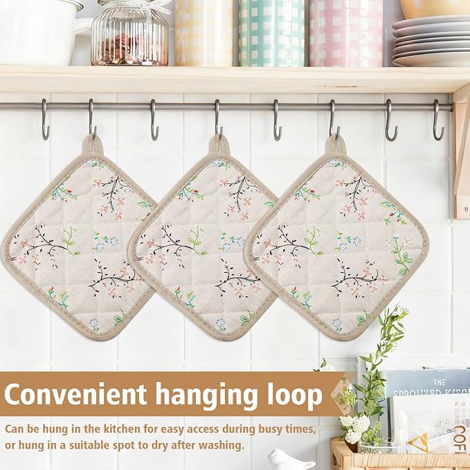 6-Pack Pot Holders for Kitchen, 7.1in/18cm Heat-Resistant Hot Pads with Floral Design, Reusable Kitchen Mats, Pot Rack Set Suitable for Baking (Khaki Floral Print)