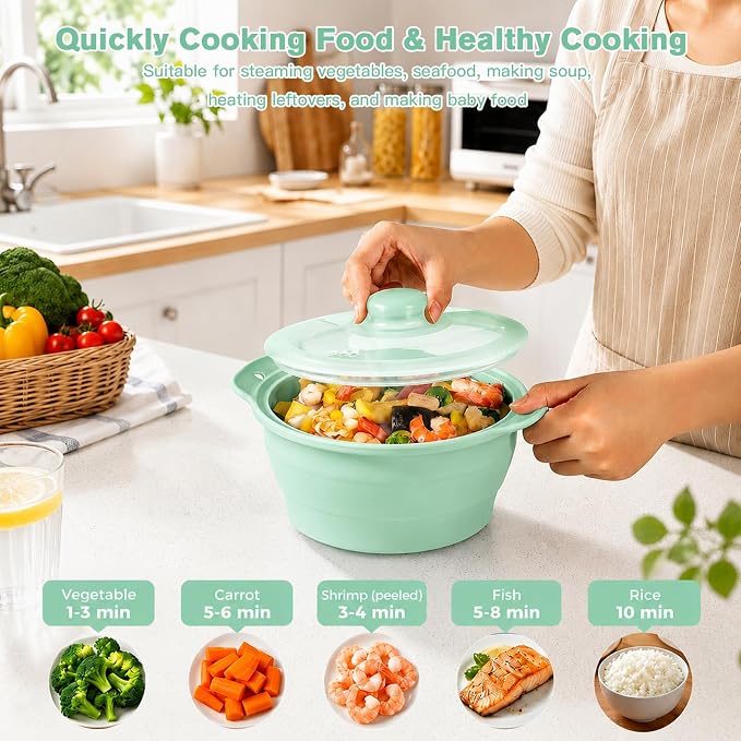 42oz Silicone Microwave Food Steamer with Steam Basket, Collapsible Steamer for Cooking Vegetable, Seafood, Dumplings, Rice Cooker, BPA Free Small Steam Pot with Handle & Lid, Dishwasher Safe (Green)