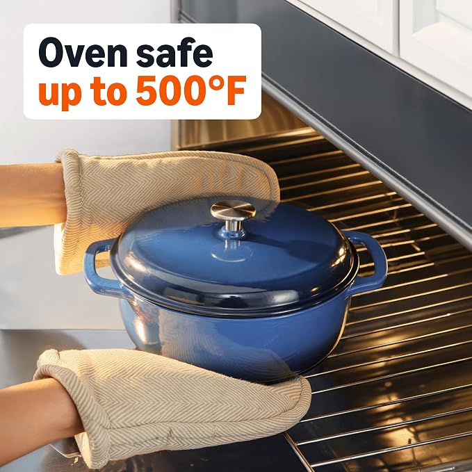 Amazon Basics Enameled Cast Iron Dutch Oven Pot with Lid, Round, Dual Handles, Heavy-Duty, Oven Safe for Stews, Roasting, Baking, 6-Quart, Navy