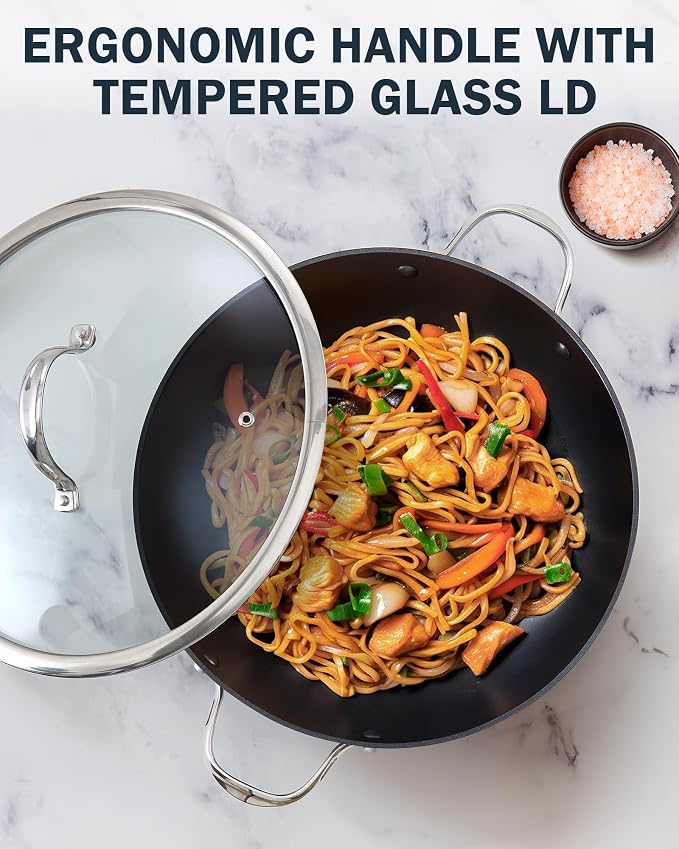 Cooks Standard 12-inch Hard Anodized Nonstick Wok Chef’s Pan 5-Qt | Deep Stir Fry Pan with Vented Glass Lid, Dual Side Handles, Flat Bottom Wok, Works on All Stovetops, Induction Ready