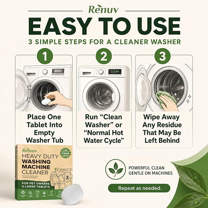 Renuv® Heavy Duty Washing Machine Cleaner For Pet Owners, 12 XL Tablets | For Dog & Cat Hair, Removes Stink, Odor, Residue, Grime, Front Load or Top Load Washer, HE and Septic Safe, 1 Year Supply