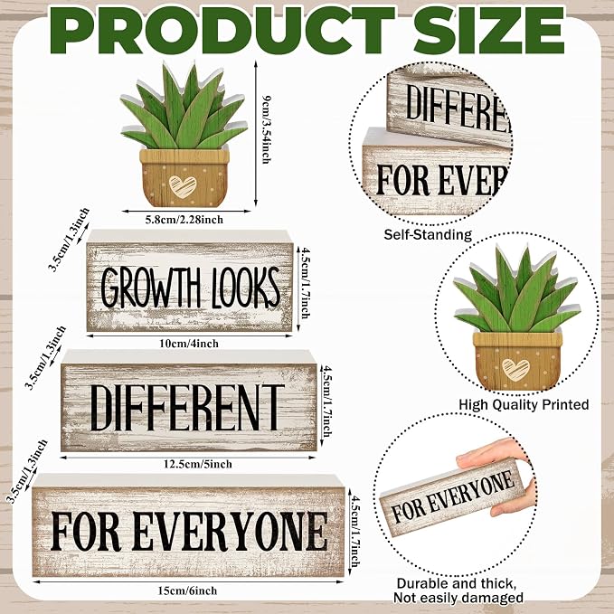 Lineshading 4 Pcs Growth Looks Different for Everyone Farmhouse Signs | Stacked Wood Blocks with Faux Succulent, Rustic White Inspirational Decor, Office Classroom Tiered Tray Teacher Gifts