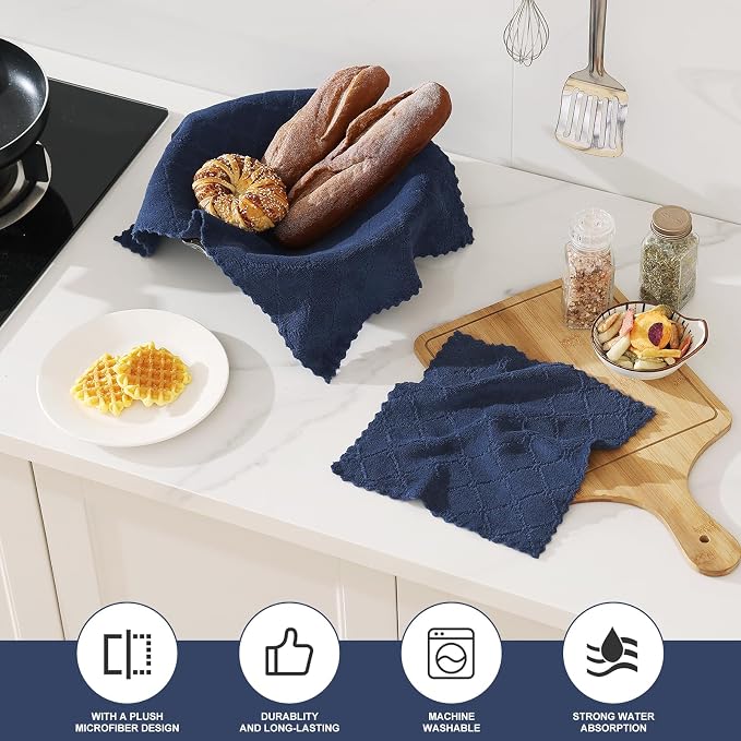 Homaxy Super Soft 12 Pack Kitchen Towels and Dishcloths Set, Navy Blue | Ultra-Absorbent, 10 x 10 and 13 x 19 Inches, Coral Velvet, No Lint, Nonstick Oil, Fast Drying, Microfiber Cleaning Cloth