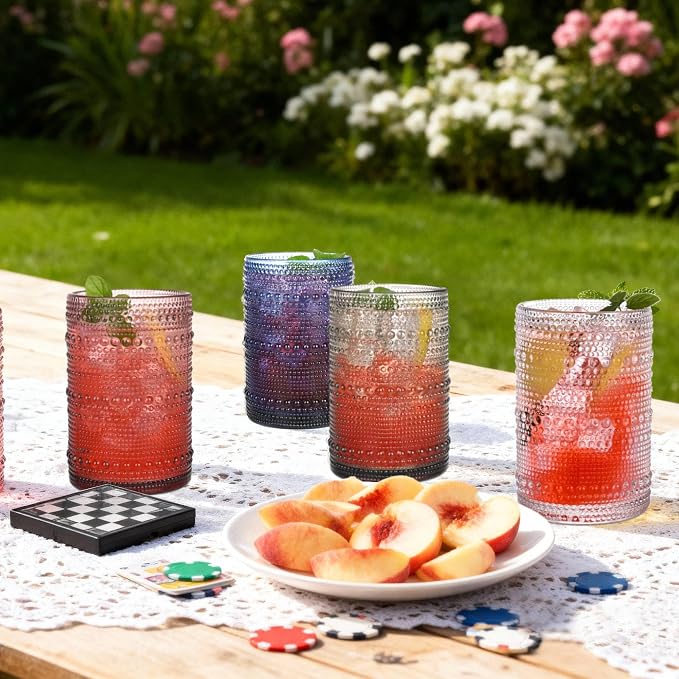 Colored Hobnail Drinking Glasses Set of 6, 15 oz Vintage Highball Glasses, Drinkware Kitchen Glasses for Cocktail, Iced Coffee, Beer, Ice Tea, Wine, Whiskey, Water