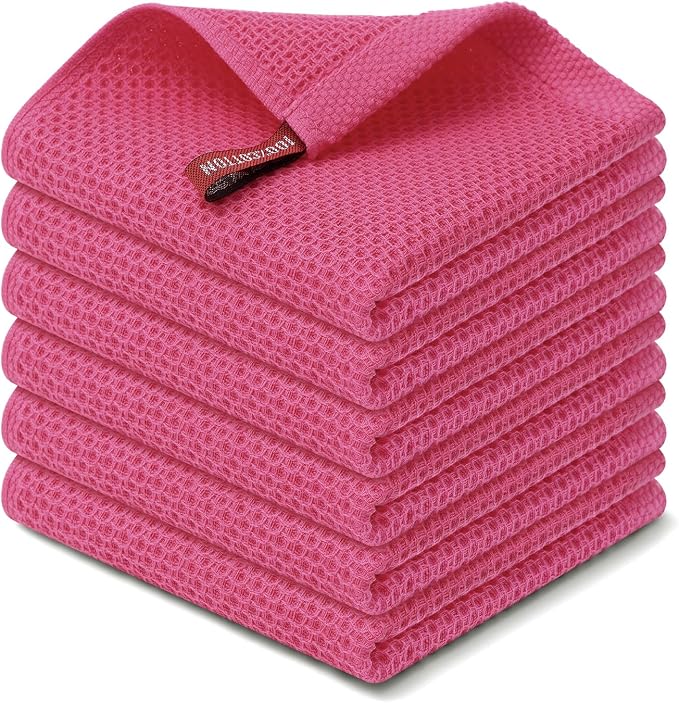 Kitinjoy 100% Cotton Waffle 6-Pack Kitchen Towels, 12" x 12", Hot Pink | Ultra Absorbent, Super Soft, lightweight, Quick Drying Dish Rags for Washing Dishes