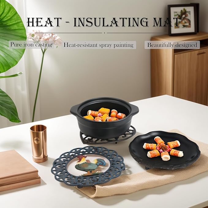 Cast Iron Rooster Trivet for Hot Dishes | Heat Resistant Metal, Rubber Pegs, 2 Pinch Mitts Included, Protects Countertop