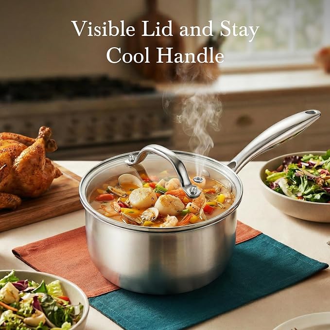 Tri-Ply Stainless Steel Pot 1.5Qt & 2.5Qt with Lids | Heavy Duty, Induction Ready, Nonstick, Stay-cool Handle, Dishwasher Safe, Multipurpose Cookware, Even Heat Conduction