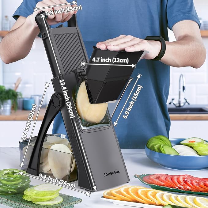 All-in-1 Safe Mandoline Slicer for Kitchen, Food Chopper with Container | 0.1-8mm Thickness Vegetable Chopper, Safe Mandoline Slicer, Potato French Fry Cutter Tomato Apple Slicer Onion (BlackKnight)