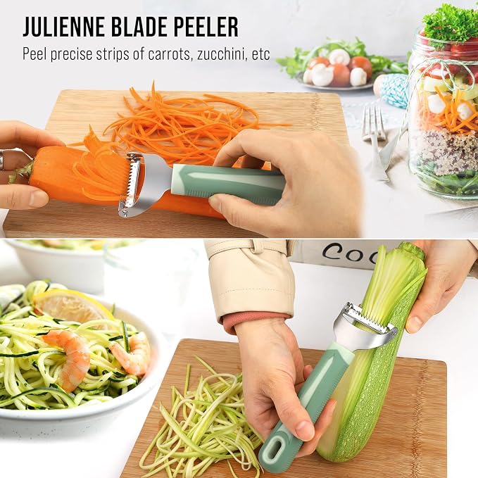 Julienne Peeler Vegetable Peeler with 4.8'' Long Silicone Handle | Non-slip grip & sharp blade; Y carrot shredder -strips for salads & meal prep; Potato peeler -ordinary peeling; 2 Pack; Green