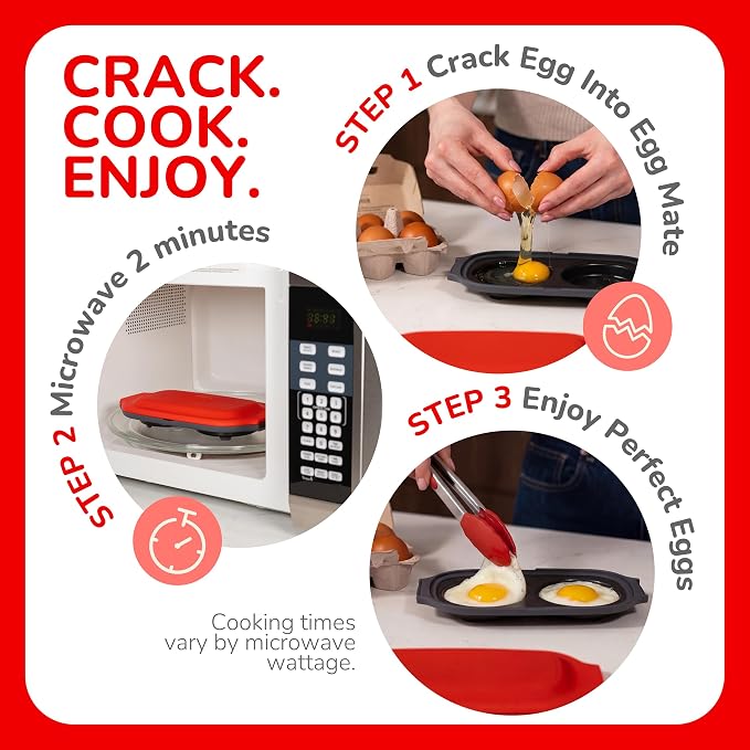 Egg Mate Microwave Egg Cooker – 2-Egg Sunny Side Up Maker with Steam Vent Lid – Fast Breakfast Sandwich Egg Mold – BPA-Free, Dishwasher Safe