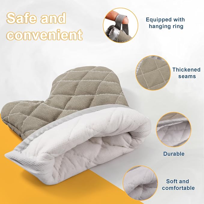 ARCLIBER Grey 12" Quilted Oven Mitts 1 Pair Heat Resistant Kitchen | Quilted Lining, 1 Pair, Heat Resistant, Classic, Cotton Blend, Cooking, Baking, Grilling, Non-Slip Grip