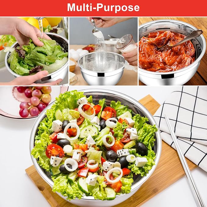 E-far Mixing Bowls with Lids Set, 6-Piece Stainless Steel Salad Bowls | Metal Nesting Cooking Bowls with Airtight Lid for Kitchen Storage, Baking & Prepping, Dishwasher Safe, 1.5/3/4.5 QT, Red