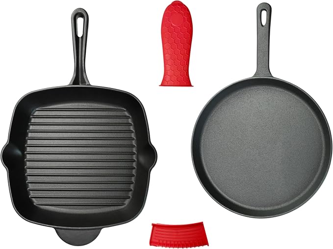 11 Inch Square Grill Pan & Cast Iron 10.5 Inch Round Griddle, Pre-Seasoned Crepe Pan, BBQ Hot Plate Pans with Handle Silicone