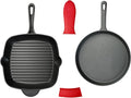 11 Inch Square Grill Pan & Cast Iron 10.5 Inch Round Griddle, Pre-Seasoned Crepe Pan, BBQ Hot Plate Pans with Handle Silicone