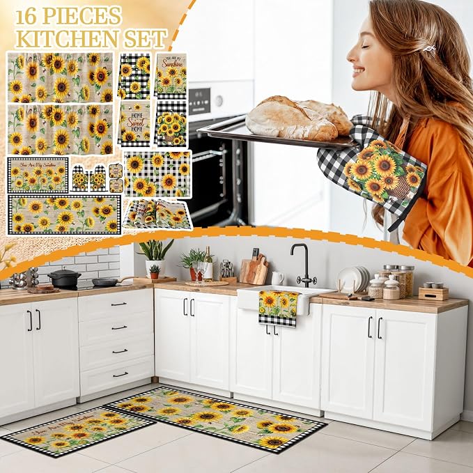 Fourluoo 16 Pcs Sunflower Kitchen Decor Set, Kitchen Towels, Sunflower Dishcloths, Black White Plaid Non Slip Rugs Mats, Oven Mitts, Pot Holders Placemats and Curtains Set for Home Summer Decoration