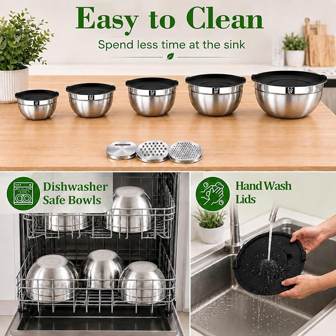 8PCS Mixing Bowls with Lids Set - 5 Nesting Mixing Bowls, 3 Grater Attachments, Lids, Stainless Steel Mixing Bowls for Mixing & Serving, Size 1.5/2.1/3.5/4/4.5 QT, Black