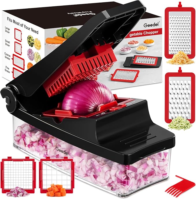 Geedel Vegetable Chopper, Onion Chopper Pro Food Chopper, Kitchen Vegetable Slicer Dicer Cutter Grater, Veggie Chopper with container for Salad Onion Potato Carrot (4 in 1, Red) | Onion Chopper, 420 Stainless Steel, Safety Lock, Dishwasher Safe, No BPA...