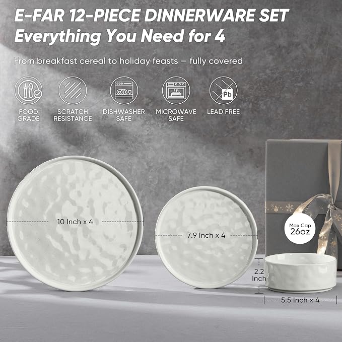 E-far Stoneware Dinnerware Set, 12-Piece White Plates and Bowls Sets for 4 | Modern Ripple Design Dishes Set for Kitchen Dining, Chip & Scratch Resistant, Microwave & Dishwasher Safe, Speckled White