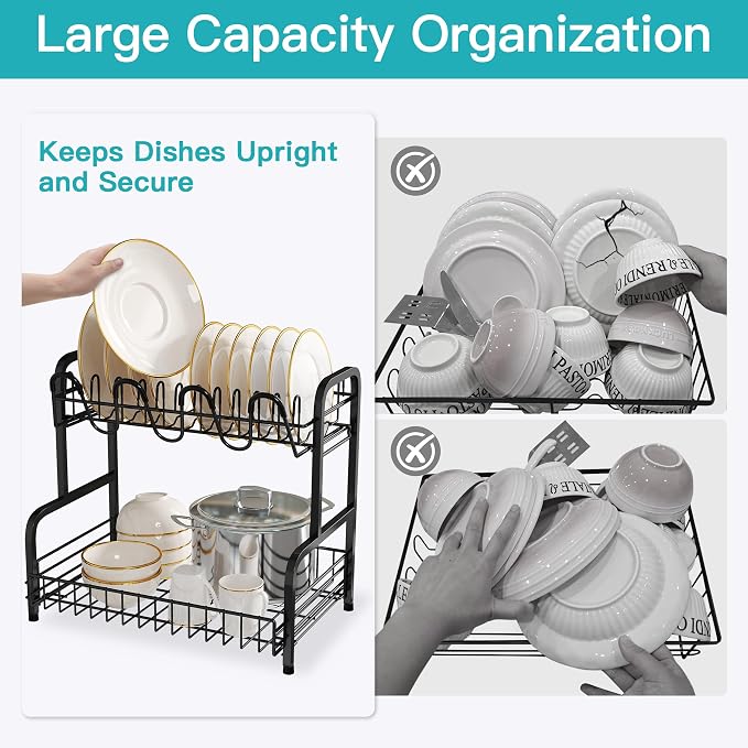 2 Tier Black Dish Drying Rack and Drainboard with Utensil Holder | Dish Drainer with Drainboard, Cups Holder for Small Kitchen, Space Saving, Rustproof, Auto Drain, Fits for 1-2 People