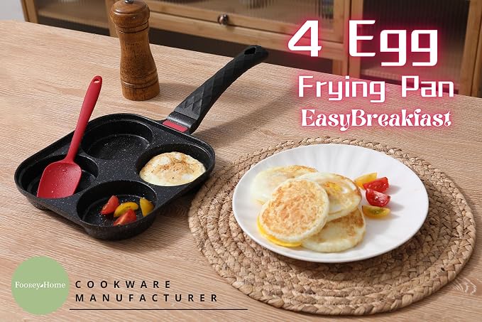 4-Cup Nonstick Egg Frying Pan Gas & Induction Omelette Skillet | Black 4-hole non stick egg pan with 1 spatula and 1 brush. Perfect for morning pancakes, bacon, and quick breakfast.