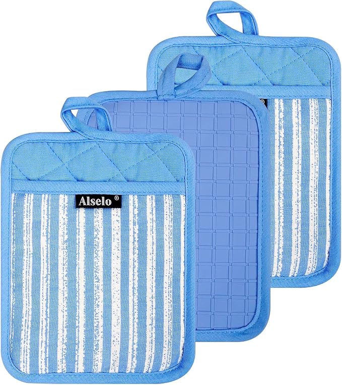 Alselo Silicone Pot Holders Set of 3 Heat Resistant & Non Slip Potholders | Professional Oven Hot Pads with Pockets Mitts for Kitchen Cooking Baking Barbecue (Blue, 3)