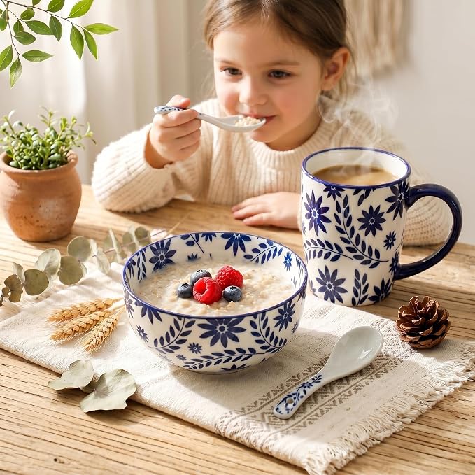 Cereal Bowls Set of 6, 28 Ounces Soup Bowls, Bohemian Ceramic Bowls for Rice, Salad, Oatmeal, Fruit, Large Bowl Set for Kitchen Decor, Microwave and Dishwasher Safe, Blue