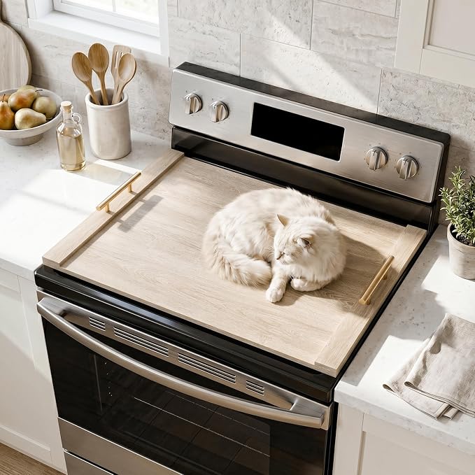 30 * 22" Wooden Stove Top Cover for Electric Stove and Gas Burners | Noodle Board Stove Cover with Handles, Kitchen Sink Cover for Counter Space & Tray