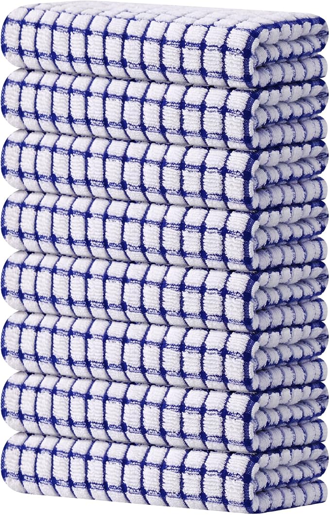 Kitinjoy Cotton 8 Pack Terry Kitchen Towels, Blue | 16 x 25 Inches Super Soft and Absorbent Dish Towels, Quick Drying hand towels for kitchen Drying