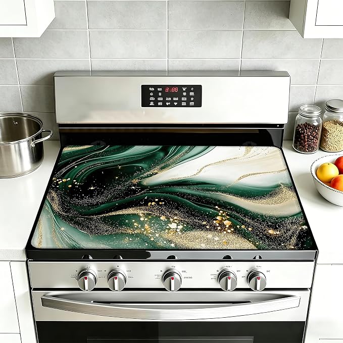 Electric Stove Top Cover,Green Gold Marble Stove Cover for Glass Top Electric Stove,Modern Heat Resistant Flat Top Stove Mat Countertop Protector, 28 x 20 Inch