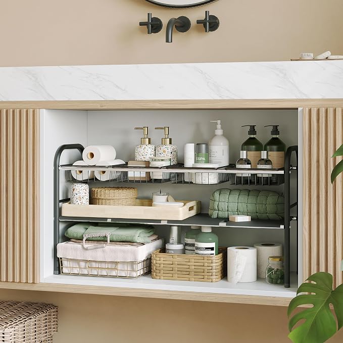 Under Sink Organizers and Storage,Expandable under cabinet organizer Shelf | 2 tier expandable shelf for kitchen,bathroom,4 Removable ABS Panels and 4 Baskets,Adjustable partition height,20.7-32.3" W