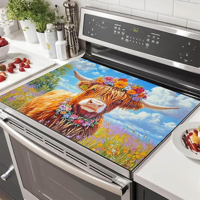 HOMETITUTE Highland Cow Stove Top Cover 28x20 Floral Field Diatomite Mat