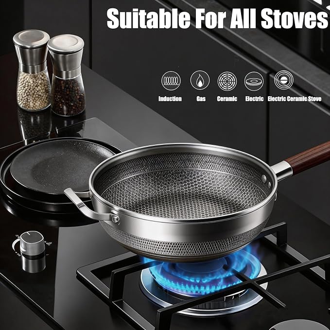Titanium Wok Pan, 13 Inch Wok with Lid, Non Stick Stainless Steel Woks & Stir-fry pans, PFOA/PFAS/PTFE Free, Dishwasher Safe, Home Use For All Stoves,13Inch