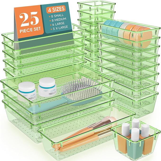 25 PCS Plastic Drawer Organizer Set, Makeup Organizers and Storage Bins | 4 Sizes Desk Drawer Divider Organizers and Storage Bins for Jewelry, Gadgets for Kitchen, Bedroom, Bathroom, Clear Green