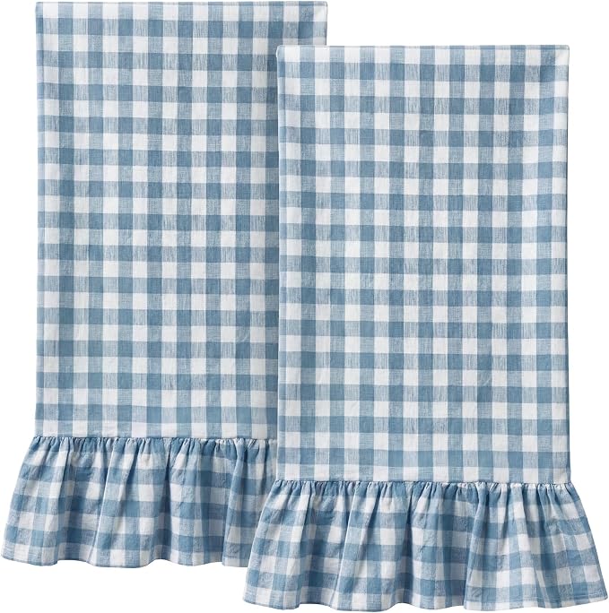 HunnmingRe 2 Pcs Dusty Blue Gingham Kitchen Towels Cotton Ruffle Dish Towel | 100% Cotton Dish Cloths, 18x28 Inch Tea Towels For Farmhouse Gifts, Soft Absorbent, Drying Dishes, Classic Plaid Pattern