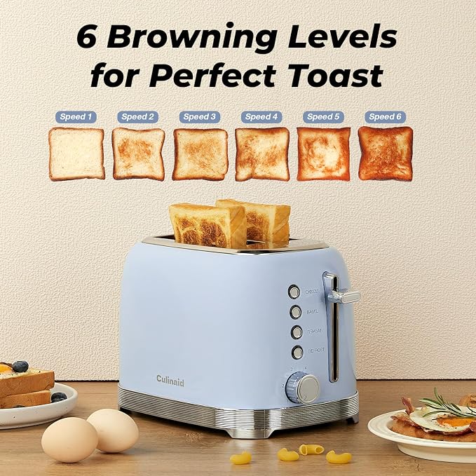 Toaster 2 Slice Retro Stainless Steel, Blue | 1.5” Extra Wide Slots with Bagel, Defrost, Reheat, Cancel Functions, 6 Bread Shade Settings, Removable Crumb Tray