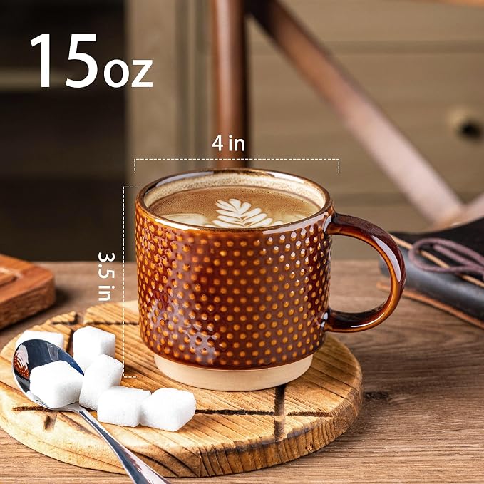 GBhome 15 OZ Stackable Coffee Mugs Set of 4, Ceramic Coffee Cups Set | 4 Assorted Designs, Embossed Mugs with Texture Patterns for Tea/Coffee, Dishwasher&Microwave Safe, Caramel