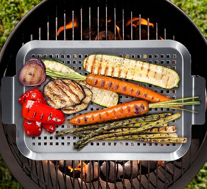 Grill Pan Set of 2, BBQ Grill Topper for Outdoor Grill, Middle | Stainless Steel Grilling Baskets with Holes and Handles, Perforated Food Tray Barbecue Accessories for Vegetable, Fish