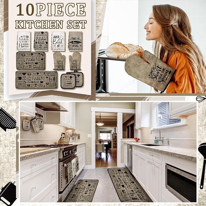 Fourluoo 10 Pcs Attractive Style Kitchen Dish Towels Rugs Oven Mitts and Pot Holders Set Farmhouse Kitchen Decor Set for Women Mom Daughter Gift Cooking Baking Grilling (Rustic Farmhouse)