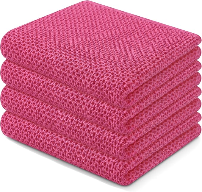 Homaxy 100% Cotton Waffle Weave Kitchen Dish Towels 4-Pack, Hot Pink | 13 x 28 Inches, Ultra Soft Absorbent Dish Towels, Quick Drying Cleaning Towels