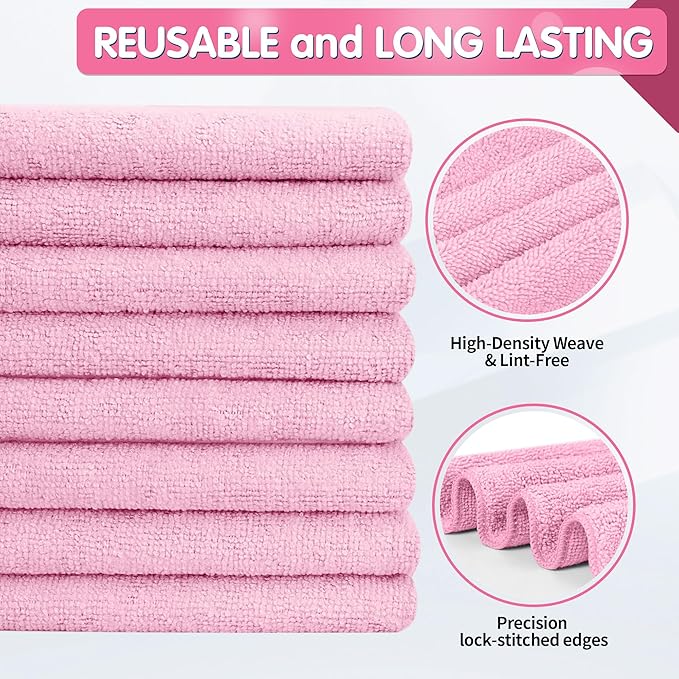 Pink Microfiber Cleaning Cloth -Pack of 8, Highly Absorbent Cleaning Rags, 16"X12" All Purpose Cleaning Towels for Housekeeping, Kitchen, Car, Lint Free and Reusable Microfiber Towels