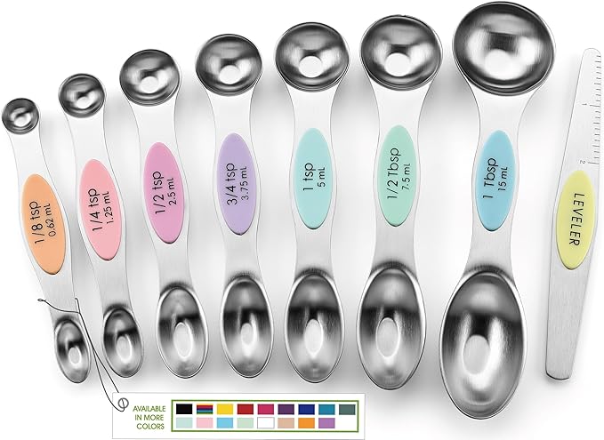 Spring Chef Stainless Steel Magnetic Measuring Spoons Set of 8, Pastel | Dual Sided Metal Teaspoon & Tablespoon Measuring Spoons with Leveler for Dry & Liquid Ingredients, Fits in Kitchen Spice Jars