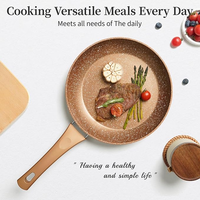Innerwell 9.5-Inch Nonstick Frying Pan Small Egg Pan Skillet | Even Heating All Stove Compatible, PFOA PFOS Free, Granite Stone Cookware Skillet, Healthy and Non Toxic, Gold
