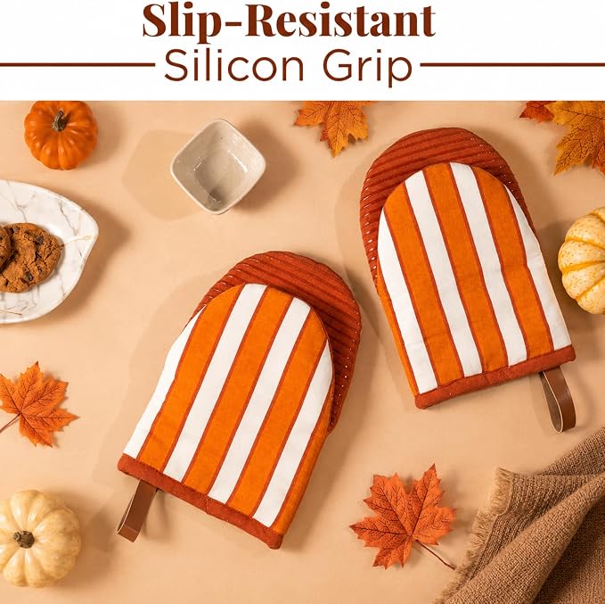 Folkulture Fall Oven Mitts, Striped Rust & White, Set of 2 - (5.75"x9") | 100% Cotton, Non Slip, Silicone, Cute Striped Mini Mits with Hanging Loop, Fall Kitchen Décor, Cooking Gifts, Baking