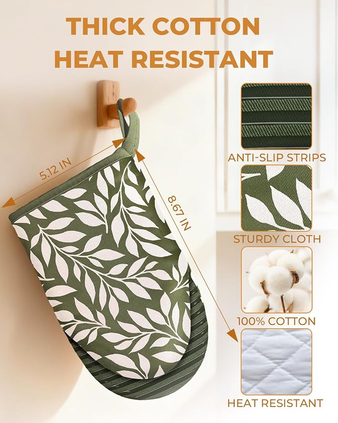 100% Thick Cotton Mini Oven Mitts Silicone Grip Green Leaf | Elegant Classic Oven Mitts for Women, Machine Washable, Non-Slip, Reversible Design Fits Both Hands, Stylish Kitchen Decor
