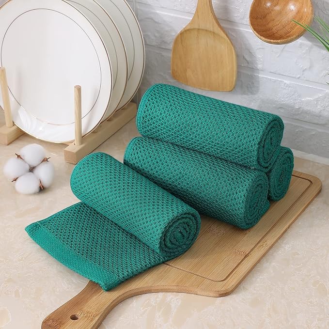Kitinjoy 100% Cotton Waffle 8-Pack Kitchen Towels, 13" x 28", Teal | Super Soft, Ultra-Absorbent, Fast Drying, lightweight, Quick Drying Kitchen Hand Towels