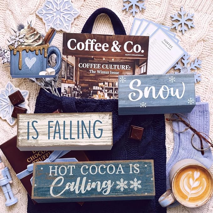 Lineshading 4 Pcs Wooden Block Signs Tiered Tray Decor Farmhouse Coffee Mug | Rustic Home Tabletop Shelf Accent, Stackable Coffee Quote Blocks with Ghost Mug Piece, Farmhouse Seasonal Kitchen Gift